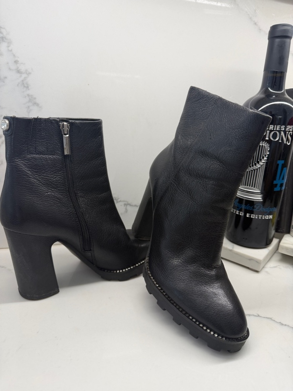 Karl Lagerfeld Black Leather Chunky Heel Ankle Boots with Studded Trim